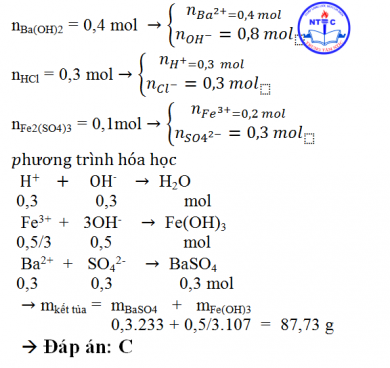 Cho 800 ml dung dịch Ba(OH)2 0,5M vào 1 lit dung dịch hỗn hợp HCl 0,3M và Fe2(SO4)3 0,1M