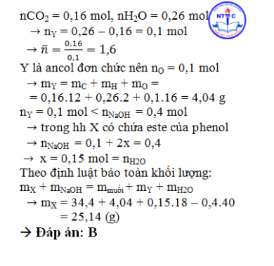 Cho m gam hỗn hợp X gồm ba este đều đơn chức tác dụng tối đa với 400 ml dung dịch NaOH 1M, thu được hỗn hợp Y gồm hai ancol cùng dãy đồng đẳng và 34,4 gam hỗn hợp muối Z.