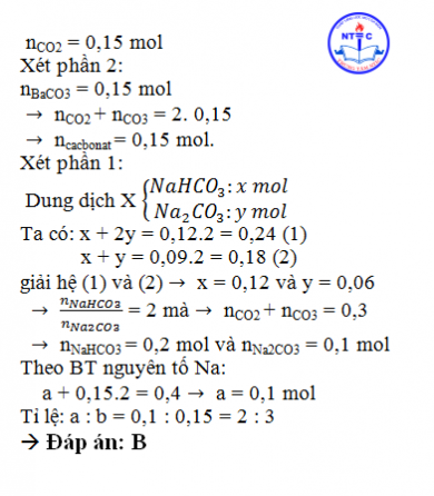 Hấp thụ hoàn toàn 3,36 lít CO2 (đktc) vào dung dịch chứa a mol NaOH và b mol Na2CO3, thu được dung dịch X. Chia X thành hai phần bằng nhau.