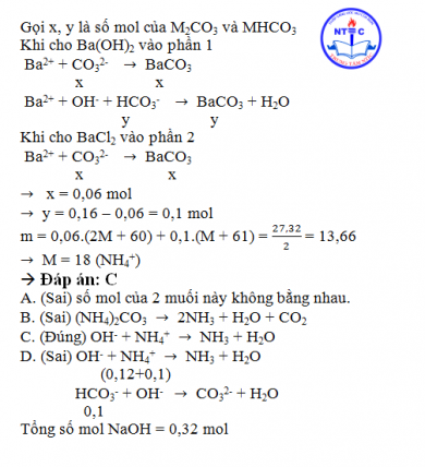 Hòa tan 27,32 gam hỗn hợp E gồm hai muối M2CO3 và MHCO3 vào nước, thu được dung dịch X. Chia X thành hai phần bằng nhau.