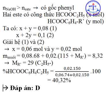 Hỗn hợp X gồm 2 este đơn chức (không chứa nhóm chức nào khác). Cho 0,08 mol hỗn hợp X tác dụng vừa đủ với dung dịch chứa 0,1 mol NaOH